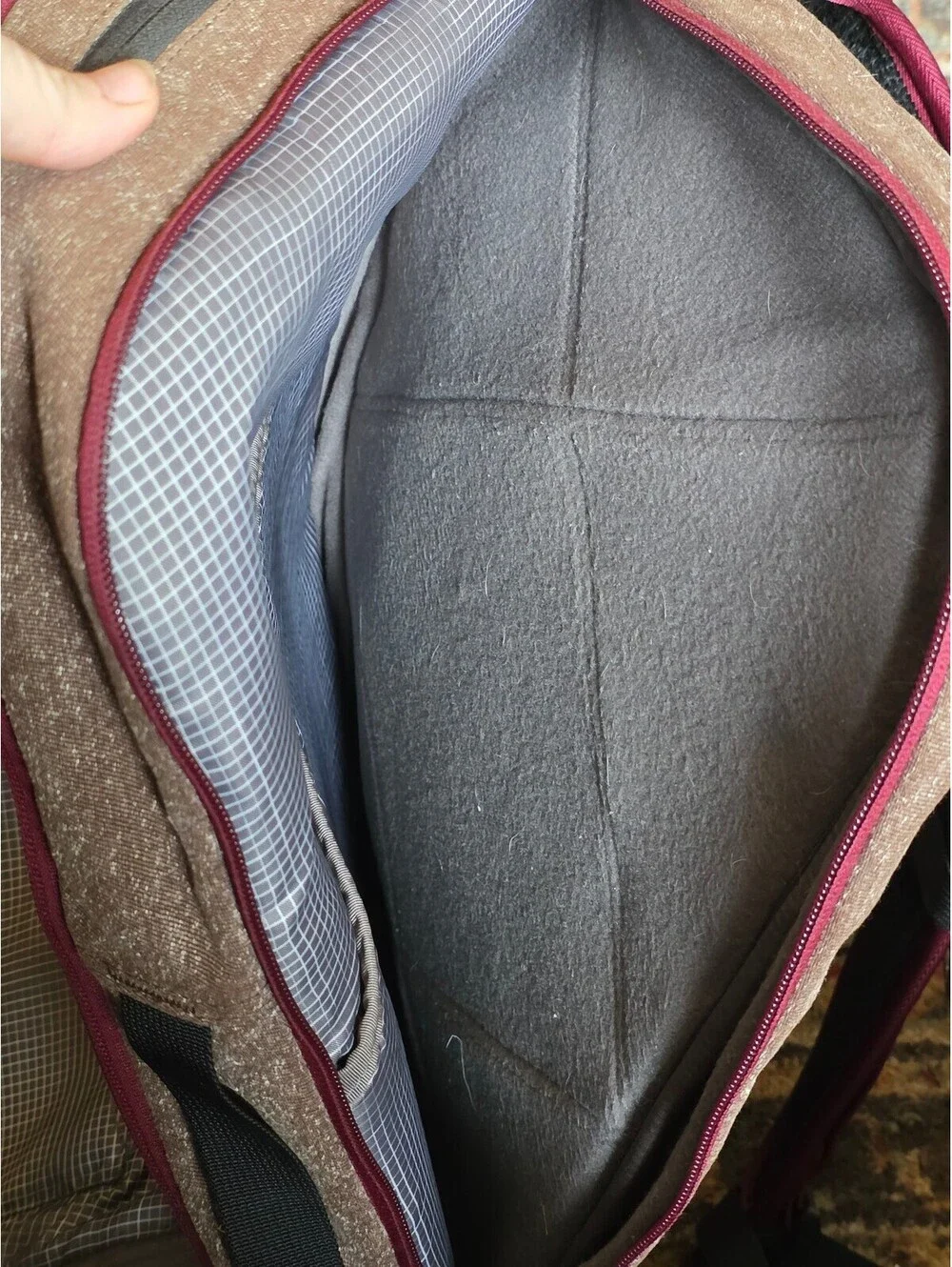 Timbuk2 Q Laptop Backpack Burgundy Twill and Brown TSA Friendly
